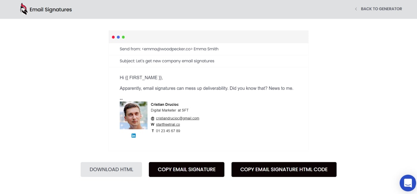 Free email signature generator by Woodpecker copy signature